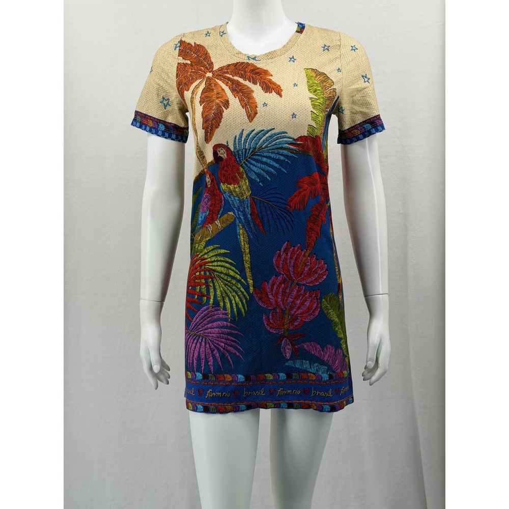 Farm Rio Dress Womens XS Colorful Tropical Parrot T-Shirt Mini Brazil Summer